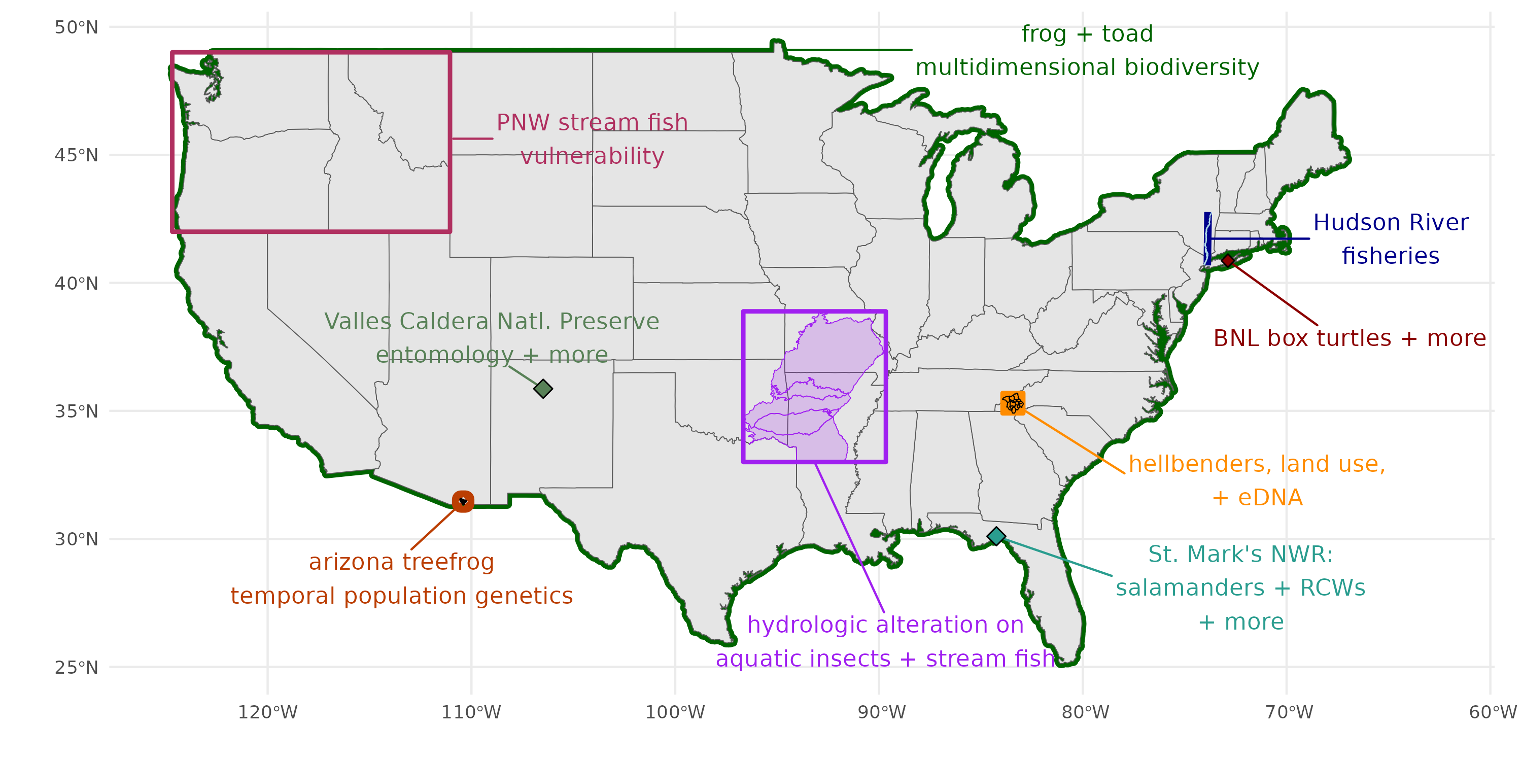 Map of the US highlighting regions where I conducted or assisted with research.